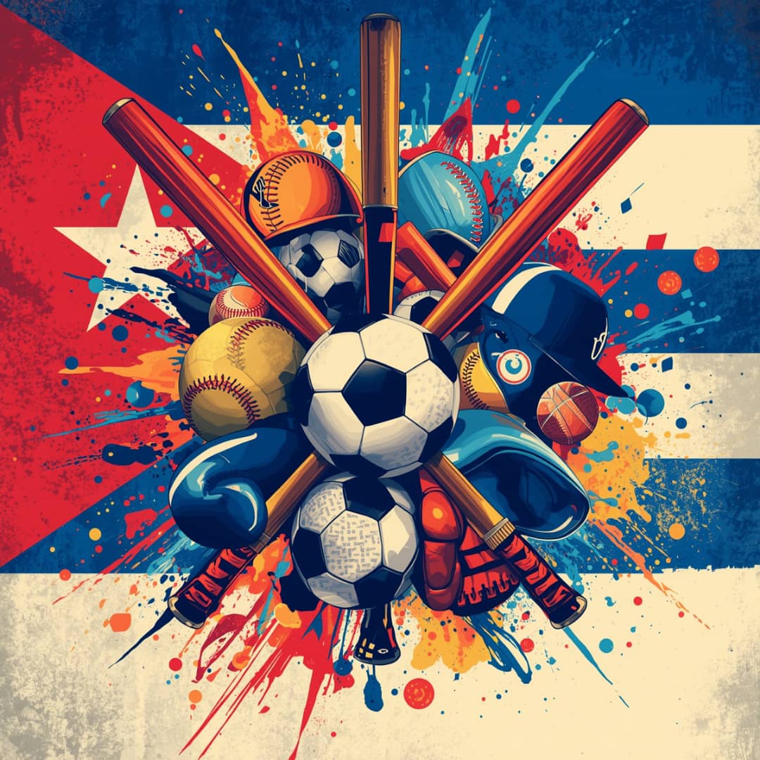 Bandera cubana e implementos deportivos. Imagen generada con IA.  